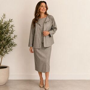 Zoran One Size 3 Piece Skirt Suit Set Italy Wool Silk Jacket Top Skirt Taupe